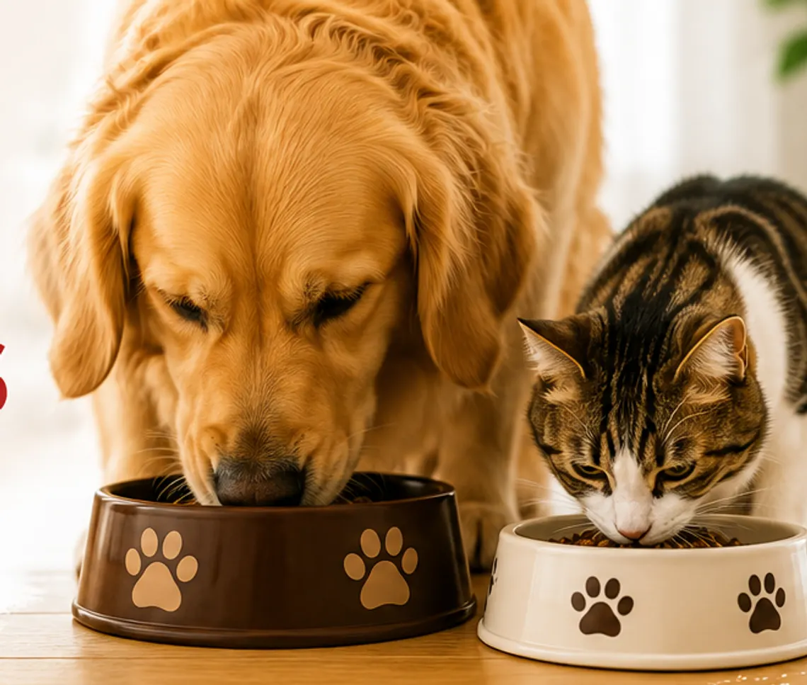 Cão e gato a comer ração das suas tigelas